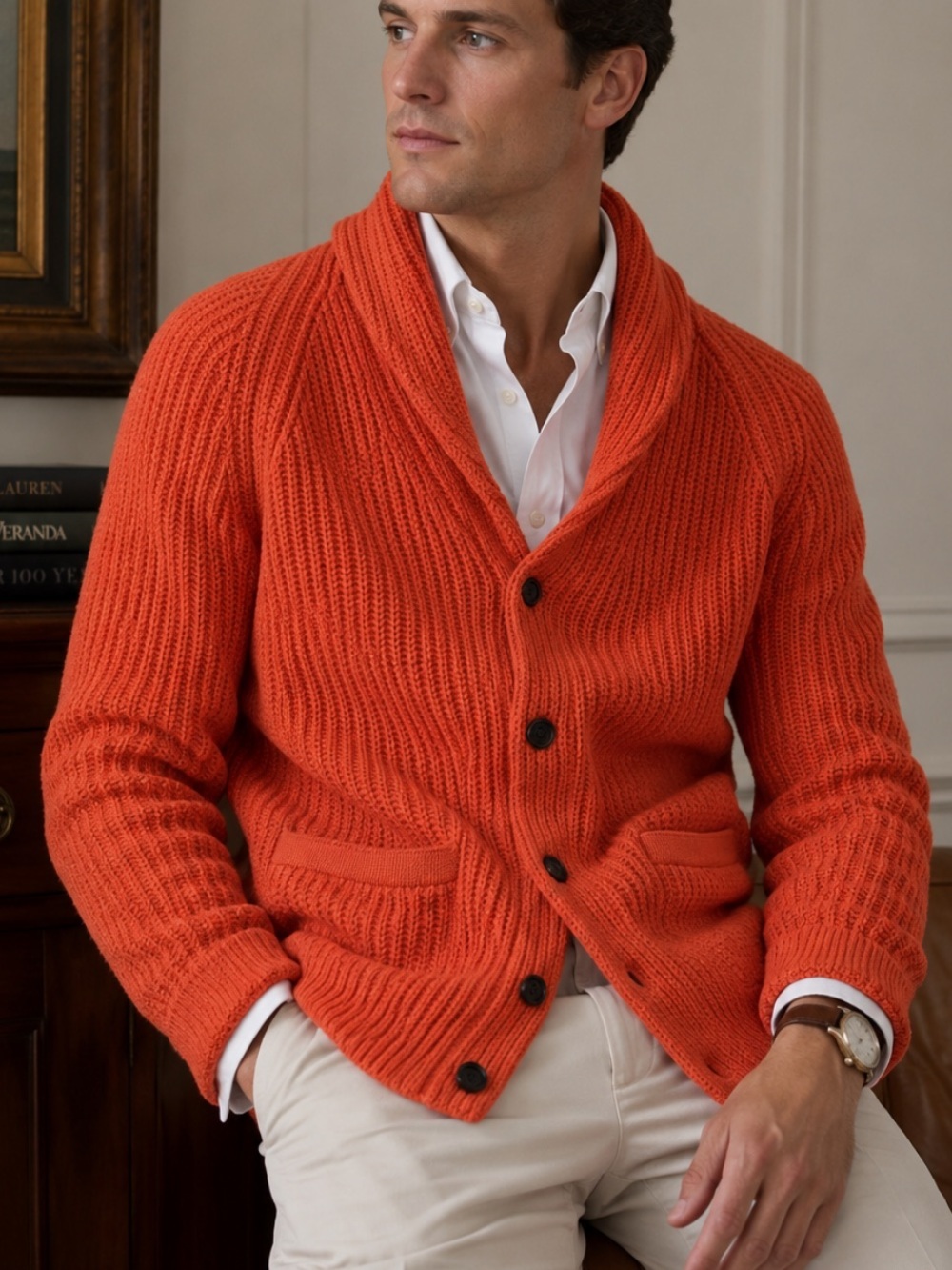 Abercrombie & Fitch Shawl Collar Chunky Cardigan Sweater Orange 54664